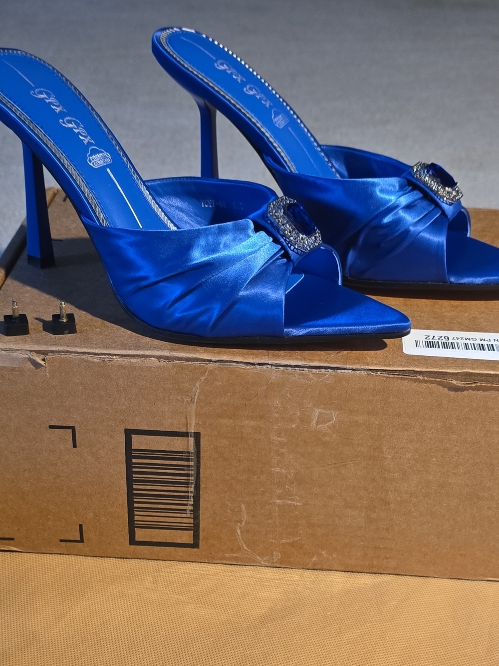 Royal Blue Satin Slide Heels with Rhinestone Buckle